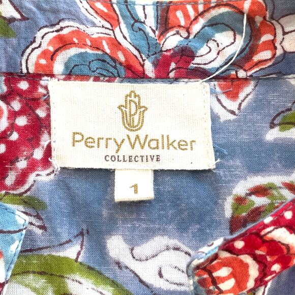 Perry Walker Collective Tori Button-Front Blue Floral Cotton Dress - Size 1/XS - Picture 3 of 16